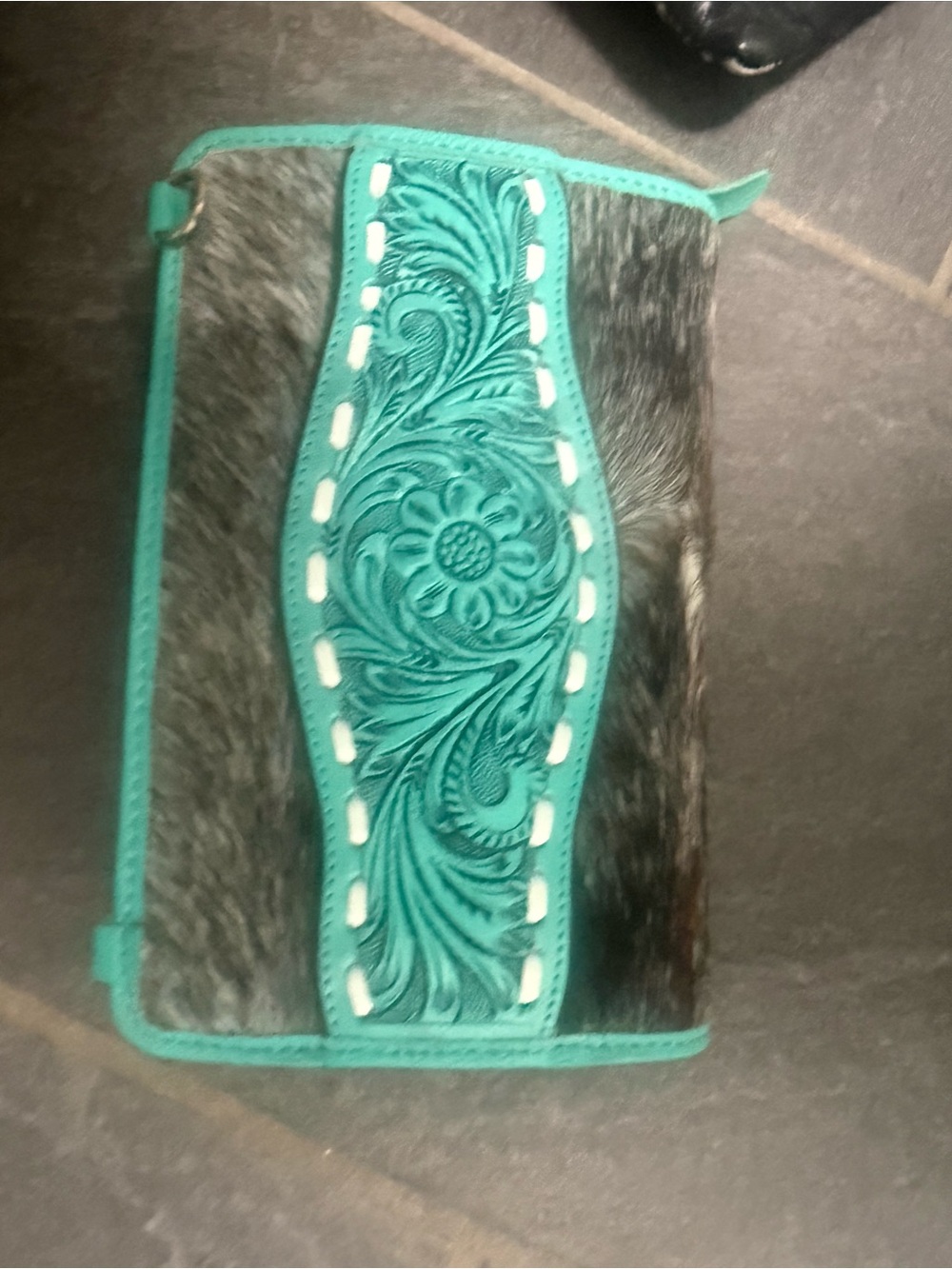 Turquoise Tooled Leather & Hair-on Hide Crossbody Clutch